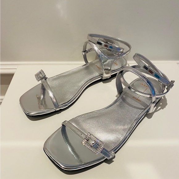 Brand new BLACK SUEDE STUDIO Metallic Leather Rhinestone-Embellished Sandals - Picture 2 of 9